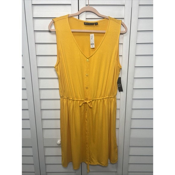 New York & Company Button Front V-Neck Knit Shift Dress Size L Yellow/Gold NWT - Picture 1 of 9